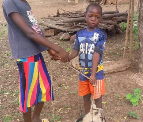 A girl and a young boy shake hands in a village yard as the boy holds a rope tied to a small grey and white goat, with thatched-roof huts and a tree behind them