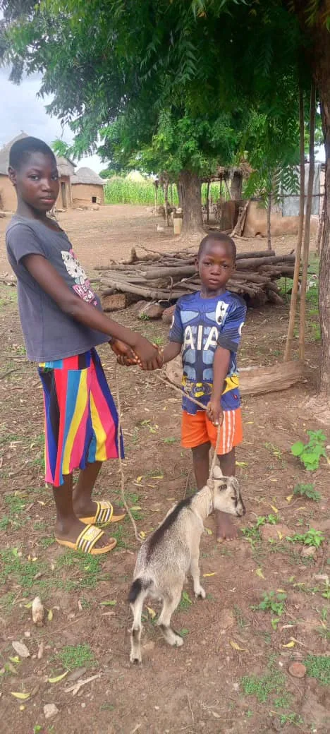 A girl and a young boy shake hands in a village yard as the boy holds a rope tied to a small grey and white goat, with thatched-roof huts and a tree behind them